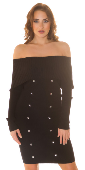 off-shoulder Knit Dress with Studs Black